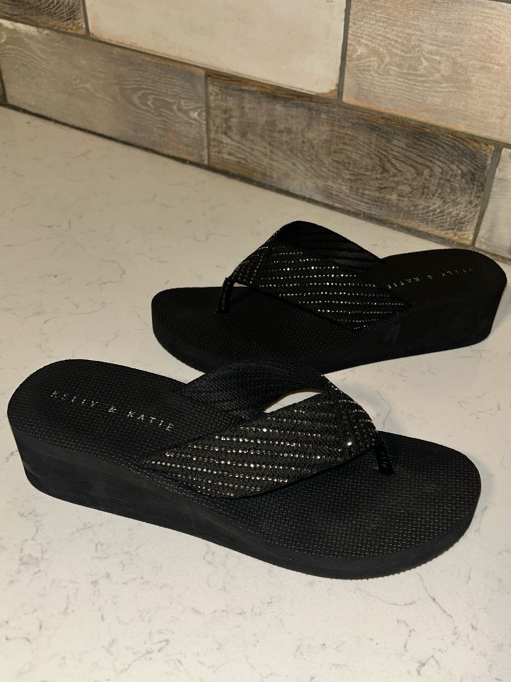 Kelly & Katie Black Wedge Flip Flop Thong Platform Sandal with Rhinestone Accent - Picture 6 of 16